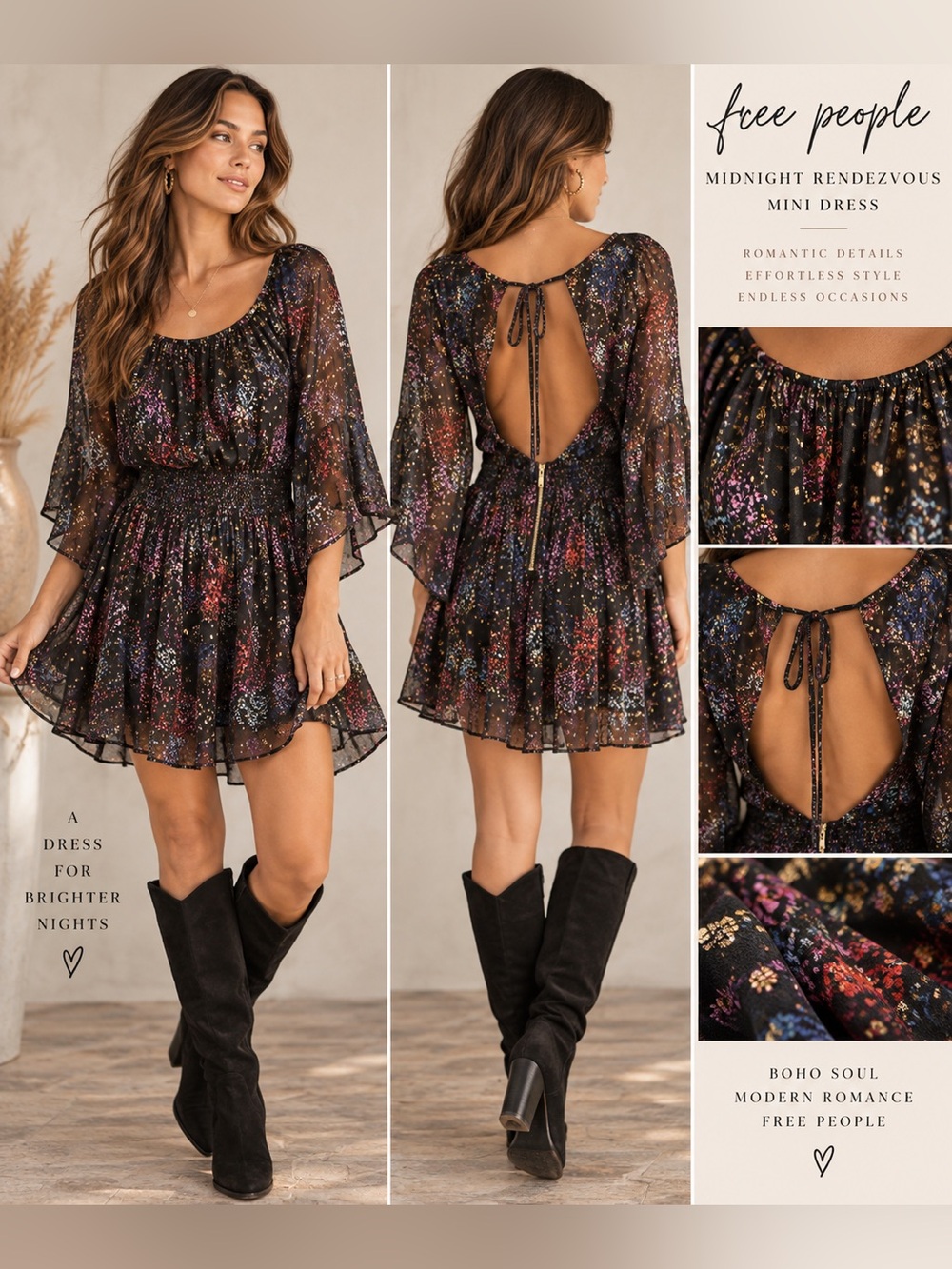 Free People Midnight Rendezvous Mini Dress Black Metallic Floral Size Large